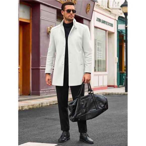 Men's Trench Coat Stand Collar Casual Slim Fit Single Breasted Pea Coat Overcoat - Picture 4 of 6